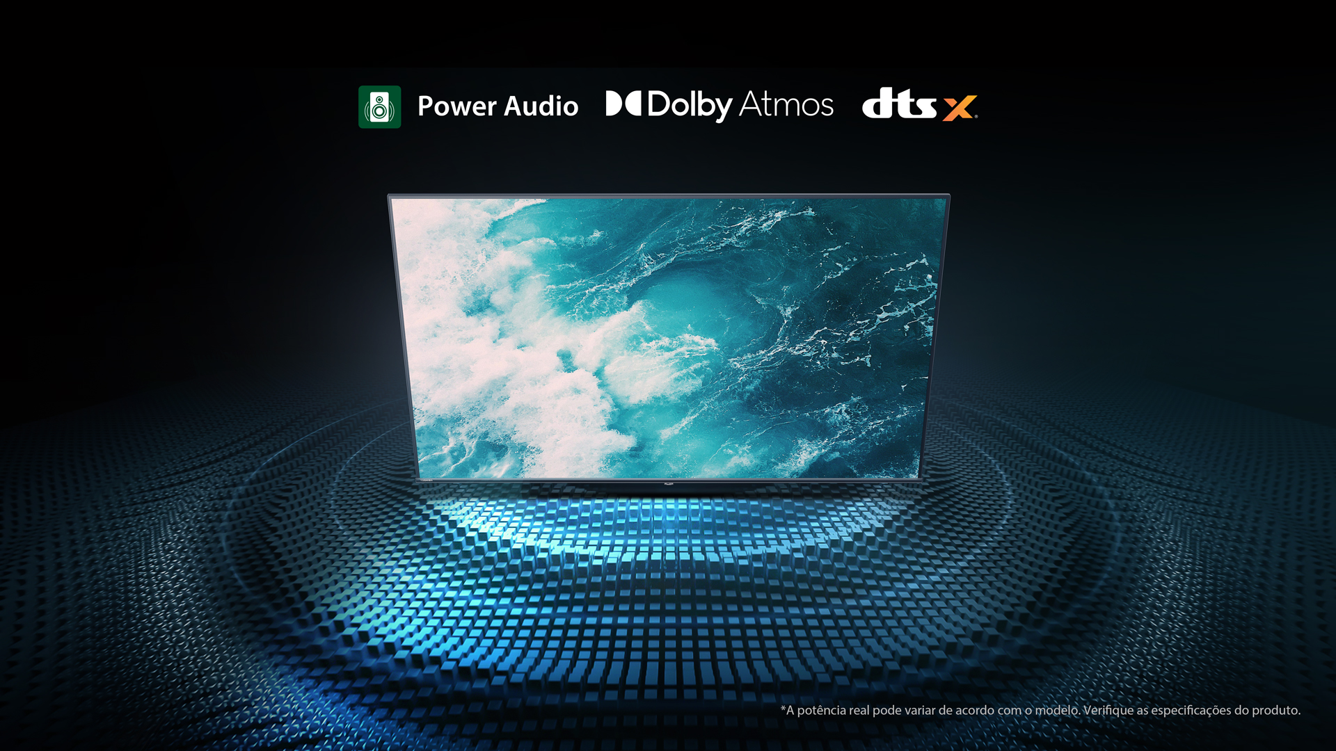 TV C350N apresentando ondas do mar e ressaltando o recurso Dolby Atmos